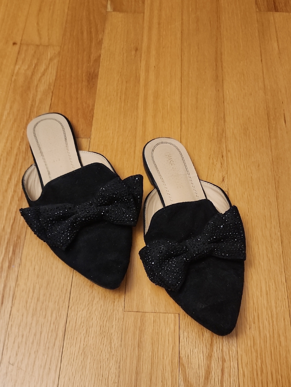 Chase + Chloe Black Pointed Bejeweled Bow Slip-On Mules